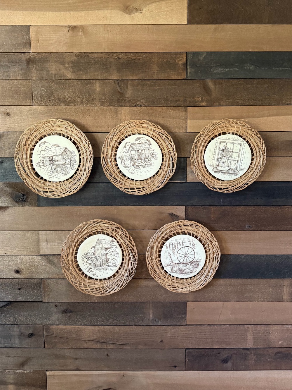 Vintage 70s Wicker Wall Plaques Set of 5 Rustic Farmhouse Cottagecore Decor